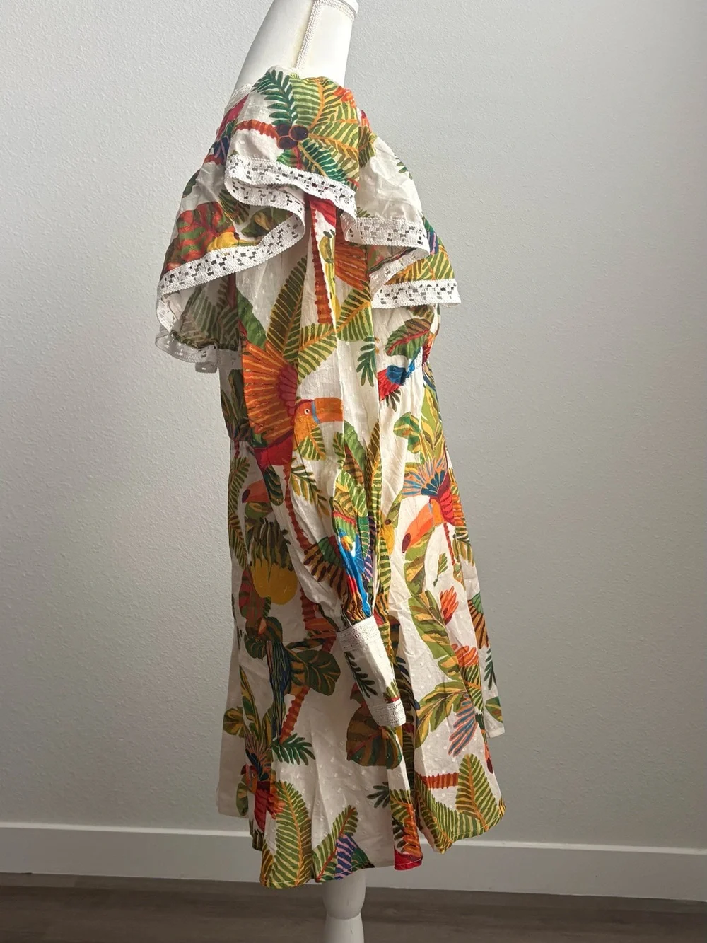 FARM Rio Cream Mini Dress with Tropical Parrot Print - Picture 5 of 7
